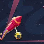 Barevná raketa s pruhy a černozlatou koulí v tmavě modrém vesmíru s nápisem Twisty Lines