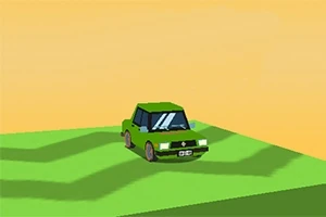 Zelené auto stojící na zelené plošině pod oranžovou oblohou