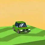 Zelené auto stojící na zelené plošině pod oranžovou oblohou