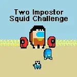 Postavy z pixelového umění s maskami a modrou postavou na písčitém pozadí s nápisem Two Impostor Squid Challenge