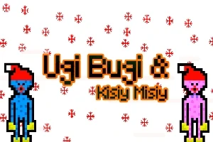 Barevný pixel art s postavičkami v červených čepicích a sněhovými vločkami na bílém pozadí