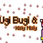 Barevný pixel art s postavičkami v červených čepicích a sněhovými vločkami na bílém pozadí