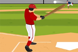 Hráč v červené uniformě s čepicí se připravuje odpálit míček na baseballovém hřišti