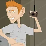 Kreslená postava s oranžovými vlasy si pořizuje selfie v zrcadle