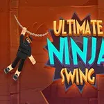 Ninja postava visící na řetězu s ozubenými koly na pozadí a nápisem Ultimate Ninja Swing