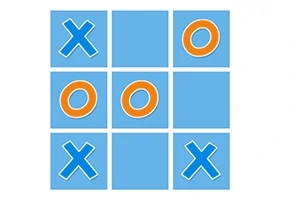 Mřížka 3x3 s modrými křížky a oranžovými kolečky umístěnými v některých polích na modrém pozadí