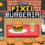 Pixelová kuchyňská scéna s hamburgery, sodovkou a vařením na grilu