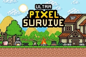 Pixelová krajina se sluncem, horami, stromem, prasetem, ohništěm a domem, s nápisem Ultra Pixel Survive nahoře
