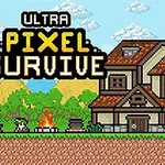 Pixelová krajina se sluncem, horami, stromem, prasetem, ohništěm a domem, s nápisem Ultra Pixel Survive nahoře