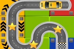 Žluté auto projíždí klikatou silnicí s třemi hvězdami na barevném pozadí s černobílou šachovnicovou cílovou čárou