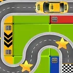 Žluté auto projíždí klikatou silnicí s třemi hvězdami na barevném pozadí s černobílou šachovnicovou cílovou čárou