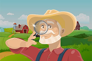 Starý farmář s kloboukem a lupou stojí na farmě s loukami a stodolou v pozadí