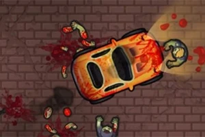 Oranžové auto obklopené krví a částmi těl na dlažbě