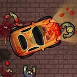 Oranžové auto obklopené krví a částmi těl na dlažbě