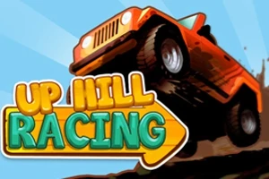 Červené terénní auto skáče přes překážku s velkým nápisem UP HILL RACING v popředí