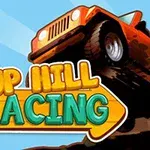 Červené terénní auto skáče přes překážku s velkým nápisem UP HILL RACING v popředí