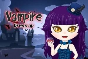 Fialovovlasá postava s kloboukem držící sklenici před zámkem, s textem Vampire Dress Up na tmavém pozadí
