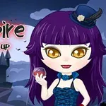 Fialovovlasá postava s kloboukem držící sklenici před zámkem, s textem Vampire Dress Up na tmavém pozadí
