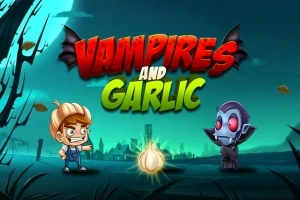 Chlapec a upír stojí naproti sobě s velkým česnekem mezi nimi, na noční scenérii s nápisem Vampires and Garlic nahoře