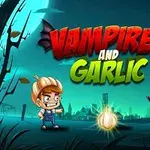 Chlapec a upír stojí naproti sobě s velkým česnekem mezi nimi, na noční scenérii s nápisem Vampires and Garlic nahoře