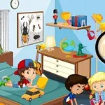 Tři děti hrající si v pokoji s hračkami a lupou, obklopeny knihovnou, postelí a okny s výhledem na stromy