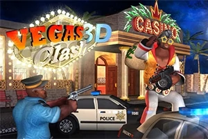 Policista míří zbraní na muže v kostýmu Elvise s kytarou před kasinem, za nimi policejní vůz a nápis Vegas 3D Clash
