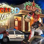 Policista míří zbraní na muže v kostýmu Elvise s kytarou před kasinem, za nimi policejní vůz a nápis Vegas 3D Clash