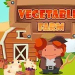 Karikatura farmáře s vidlemi stojícího před stodolou s nápisem Vegetables Farm a prasátky u bedýnek s ovocem