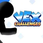 Silueta postavy běžící vpravo s nápisem „Vex Challenges“ na modro-bílém pozadí