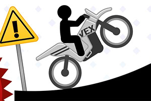 Černá silueta na motocyklu s nápisem „VEX“ stoupá po nakloněné plošině vedle výstražné značky