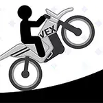 Černá silueta na motocyklu s nápisem „VEX“ stoupá po nakloněné plošině vedle výstražné značky