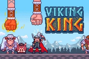 Plakát s pixelovou grafikou vikinga, obra, kance a nápisu „Viking King“ na pozadí hor