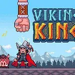 Plakát s pixelovou grafikou vikinga, obra, kance a nápisu „Viking King“ na pozadí hor