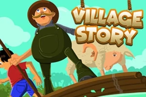 Muž na mostě s holí, doprovázený dítětem a ovcí, na pozadí s nápisem „Village Story“