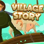 Muž na mostě s holí, doprovázený dítětem a ovcí, na pozadí s nápisem „Village Story“