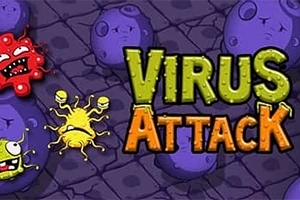 Barevné karikatury virů s textem Virus Attack na pozadí s fialovými kameny