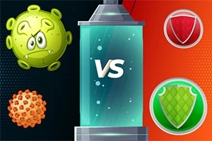 Zelený virus a oranžový virus vlevo proti červenému a zelenému štítu vpravo, uprostřed sloupec s VS