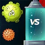 Zelený virus a oranžový virus vlevo proti červenému a zelenému štítu vpravo, uprostřed sloupec s VS
