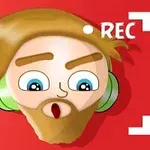Kreslená tvář s blond vlasy, plnovousem a sluchátky na červeném pozadí s textem REC