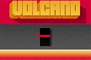 Název Volcano ve výrazném žlutohnědém písmu nad stylizovaným minimalistickým zobrazením sopky v červených a šedých odstínech