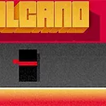 Název Volcano ve výrazném žlutohnědém písmu nad stylizovaným minimalistickým zobrazením sopky v červených a šedých odstínech
