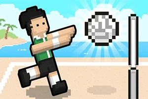 Pixelová postava hrající plážový volejbal s míčem před sítí na pozadí pláže a moře