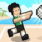 Pixelová postava hrající plážový volejbal s míčem před sítí na pozadí pláže a moře