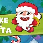 Kreslený Santa Claus s červenou čepicí a vousy stojí na zeleném pozadí s nápisem „WAKE THE SANTA“ a okolo jsou vánoční cukrové hůlky