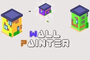 Tři barevné, izometricky zobrazené budovy a text WALL PAINTER na šedém pozadí