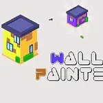 Tři barevné, izometricky zobrazené budovy a text WALL PAINTER na šedém pozadí