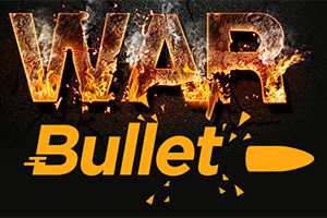 Text WAR v ohni a žáru nad žlutým nápisem Bullet s grafikou kulky na černém pozadí