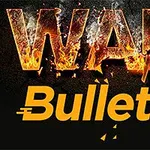 Text WAR v ohni a žáru nad žlutým nápisem Bullet s grafikou kulky na černém pozadí