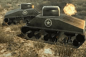 Dva kreslené tanky s hvězdou na boční části na trávnatém poli, který právě vystřeluje