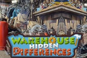 Sklad plný nářadí a předmětů s nápisem Warehouse Hidden Differences v popředí